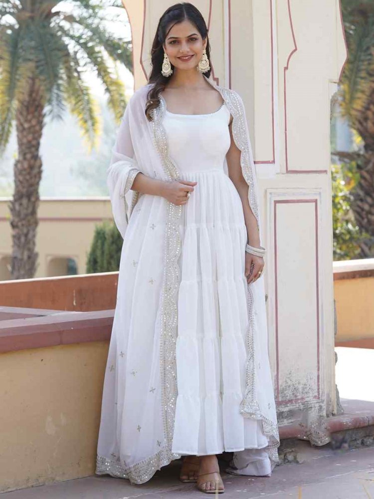 White Faux Georgette Embroidered Festival Party Gown