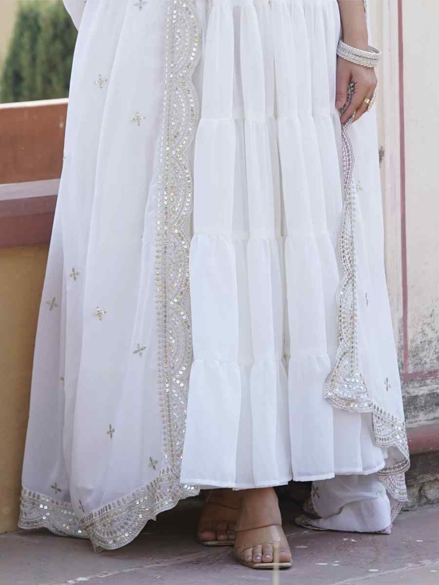 White Faux Georgette Embroidered Festival Party Gown