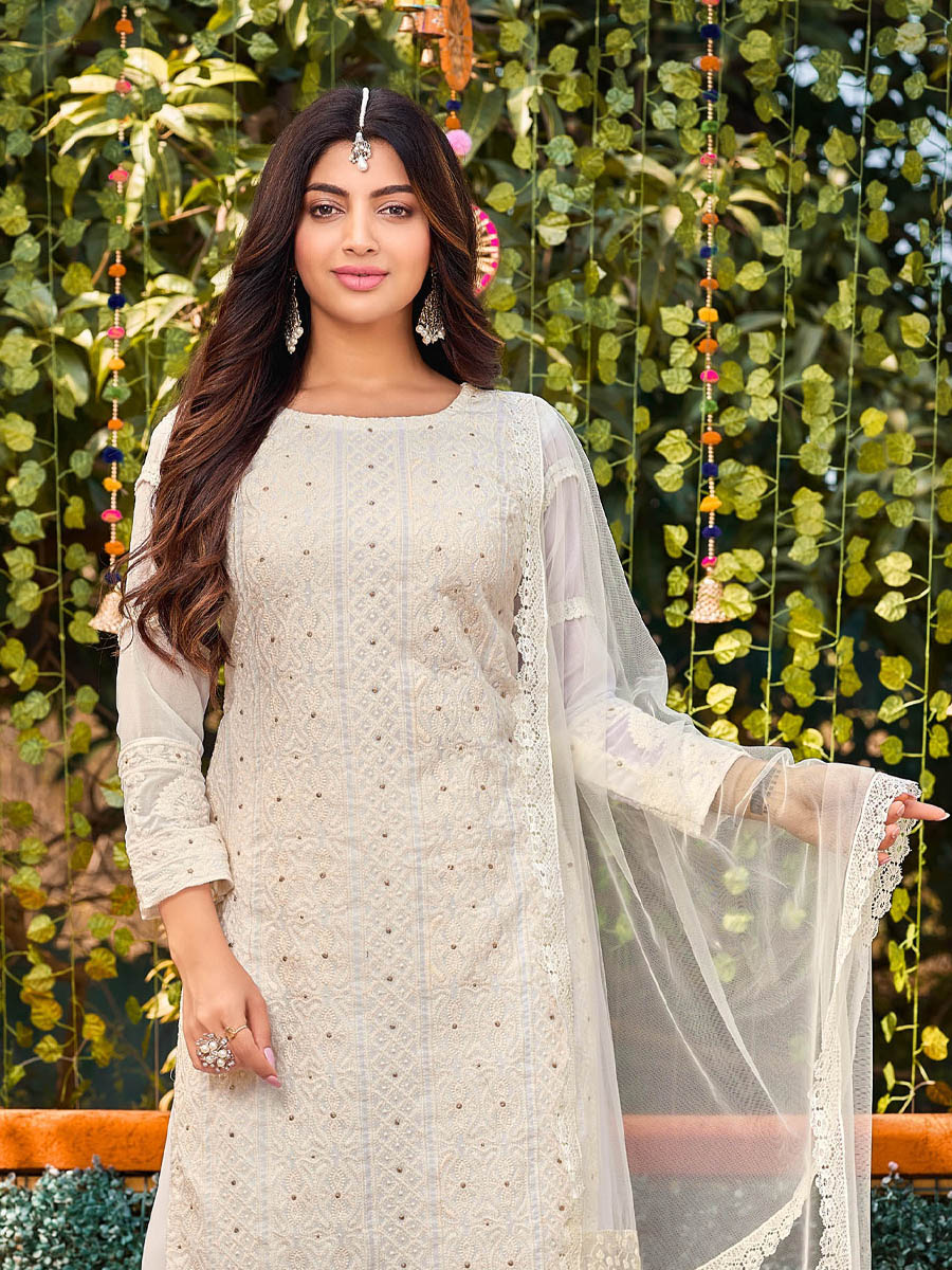 White Faux Georgette Embroidered Festival Party Palazzo Pant Salwar Kameez