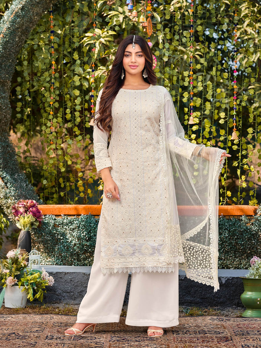 White Faux Georgette Embroidered Festival Party Palazzo Pant Salwar Kameez