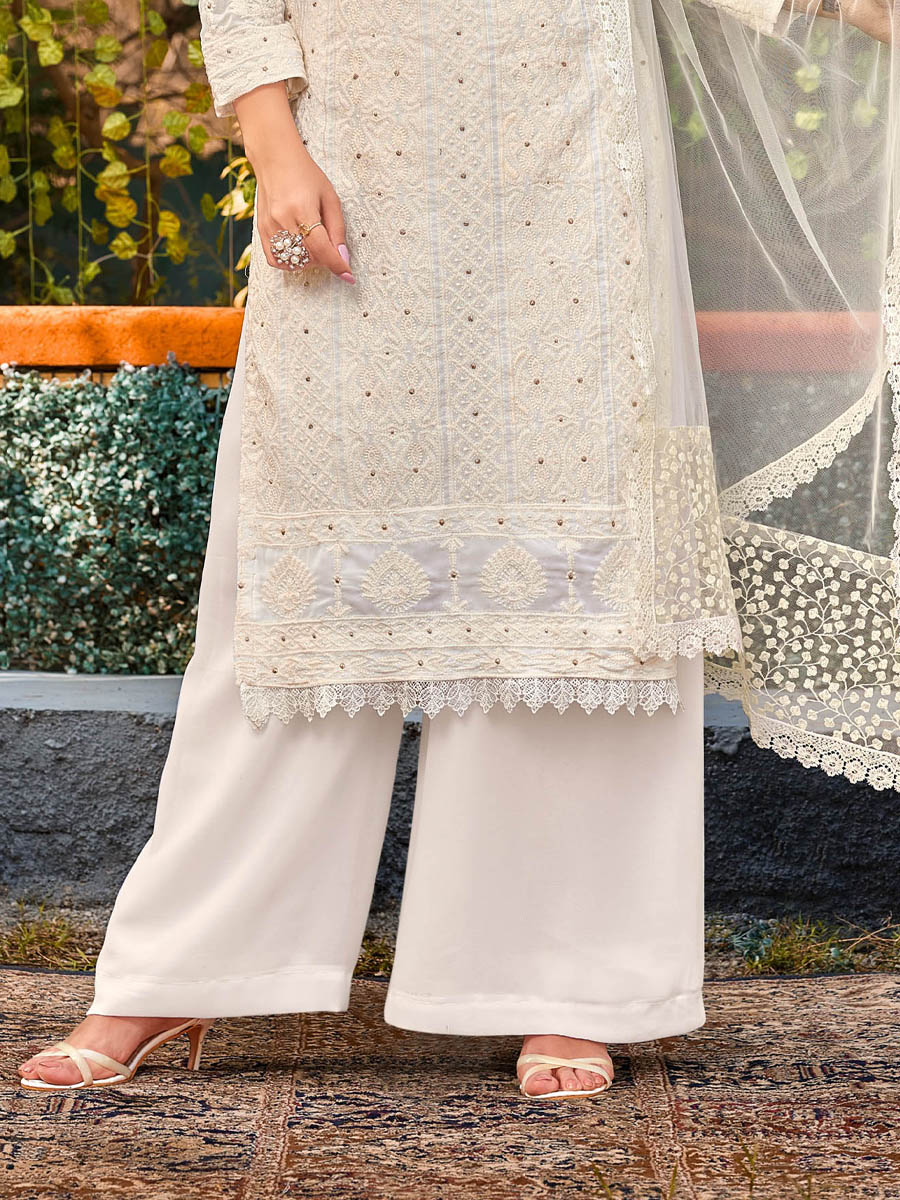 White Faux Georgette Embroidered Festival Party Palazzo Pant Salwar Kameez