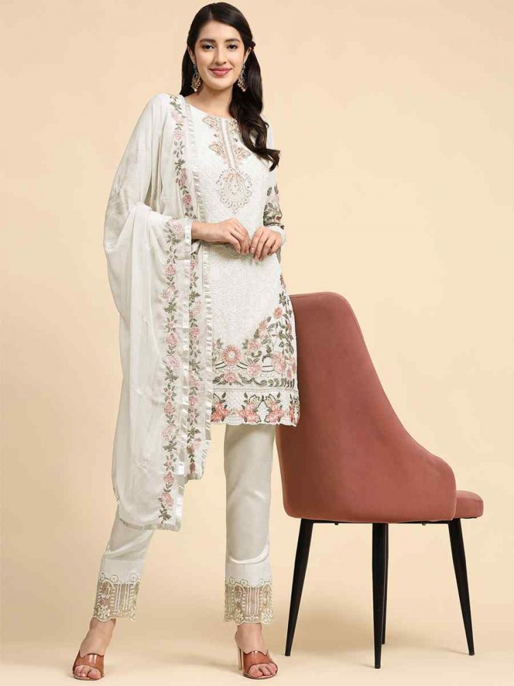 White Faux Georgette Embroidered Festival Party Pant Salwar Kameez
