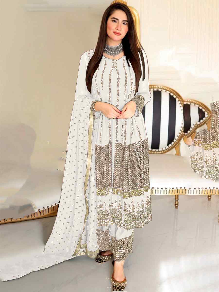 White Faux Georgette Embroidered Festival Wedding Palazzo Pant Salwar Kameez