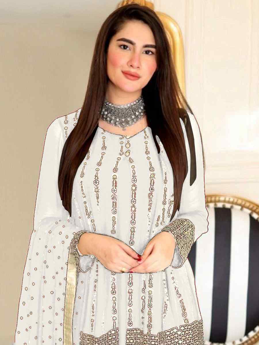 White Faux Georgette Embroidered Festival Wedding Palazzo Pant Salwar Kameez