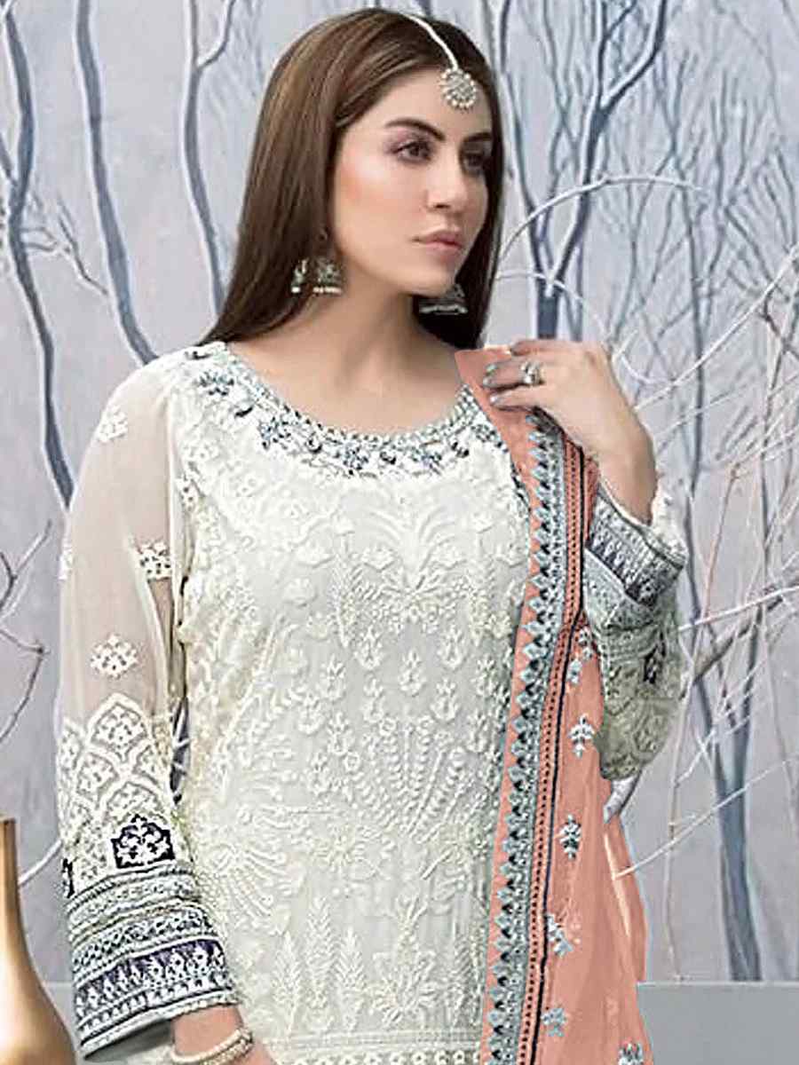 White Faux Georgette Embroidered Festival Wedding Pant Salwar Kameez