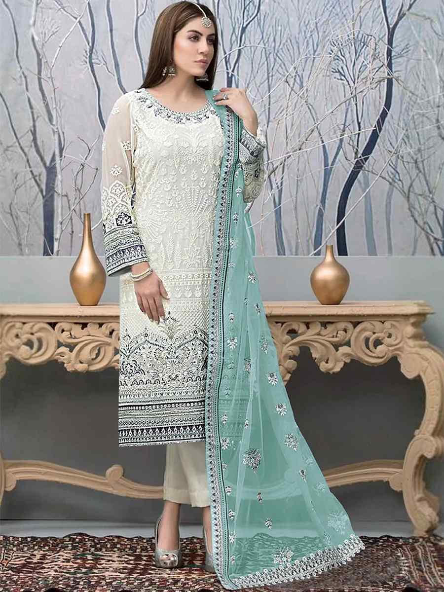 White Faux Georgette Embroidered Festival Wedding Pant Salwar Kameez