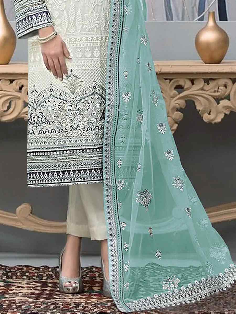 White Faux Georgette Embroidered Festival Wedding Pant Salwar Kameez