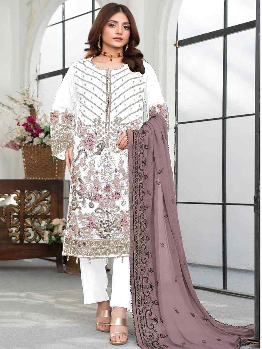 White Faux Georgette Embroidered Festival Wedding Pant Salwar Kameez
