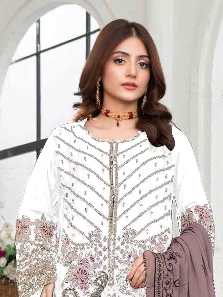 White Faux Georgette Embroidered Festival Wedding Pant Salwar Kameez