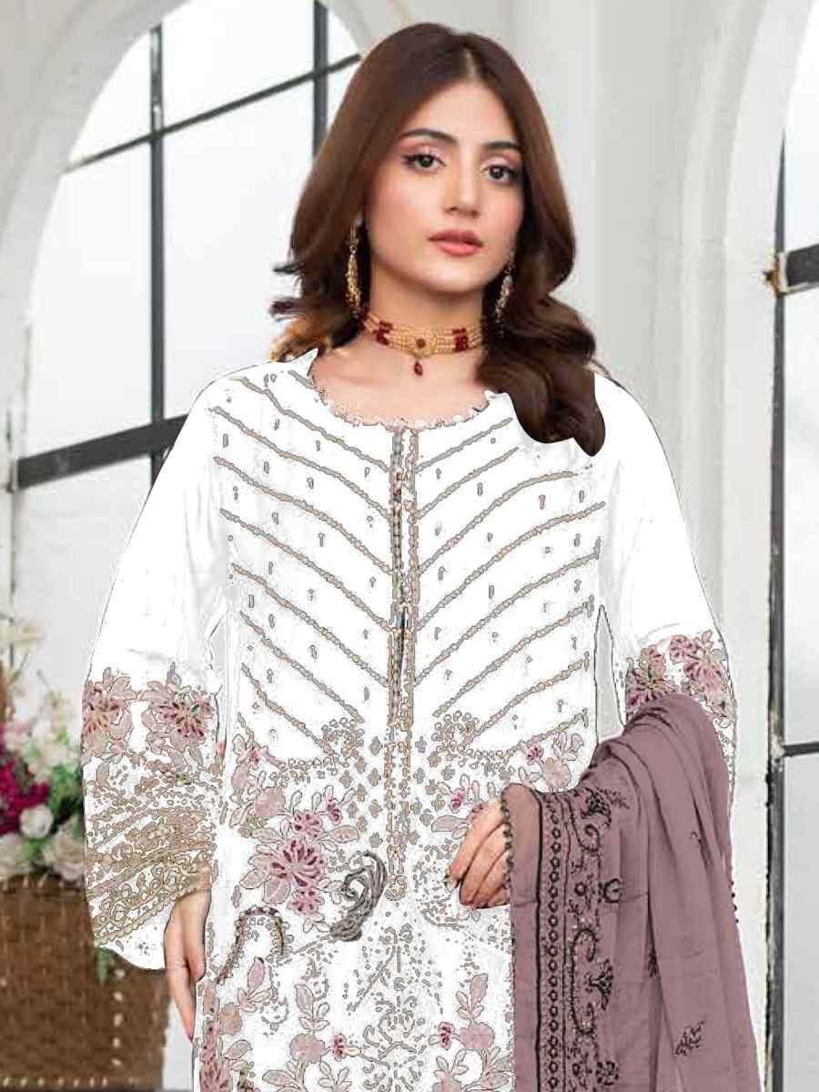 White Faux Georgette Embroidered Festival Wedding Pant Salwar Kameez