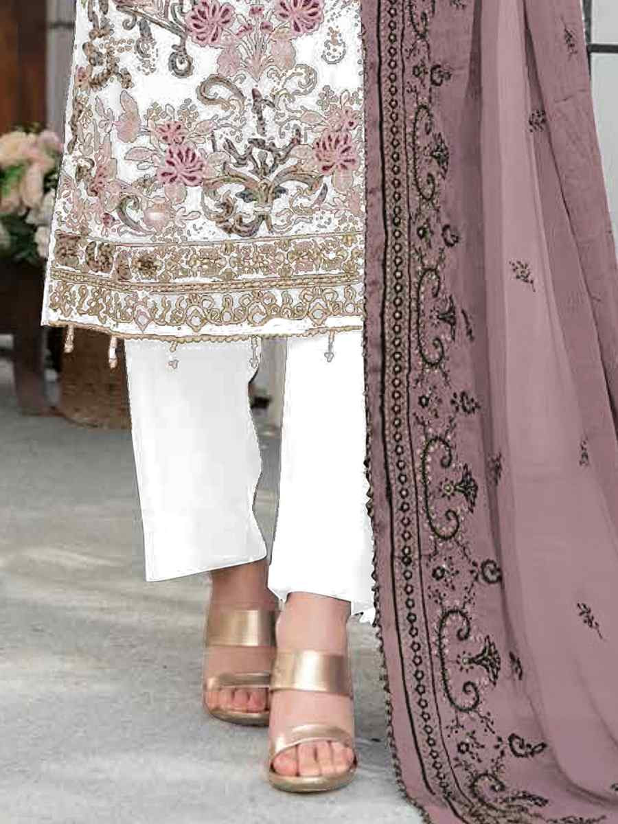White Faux Georgette Embroidered Festival Wedding Pant Salwar Kameez