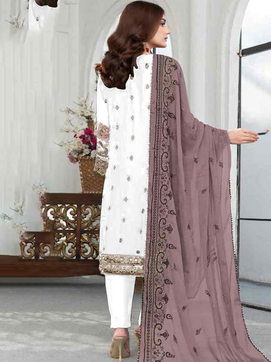 White Faux Georgette Embroidered Festival Wedding Pant Salwar Kameez