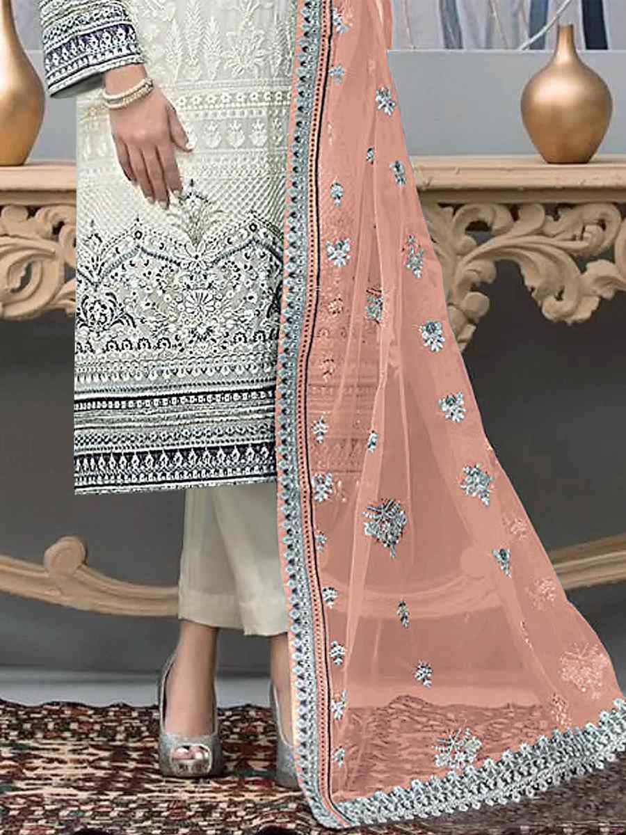 White Faux Georgette Embroidered Festival Wedding Pant Salwar Kameez