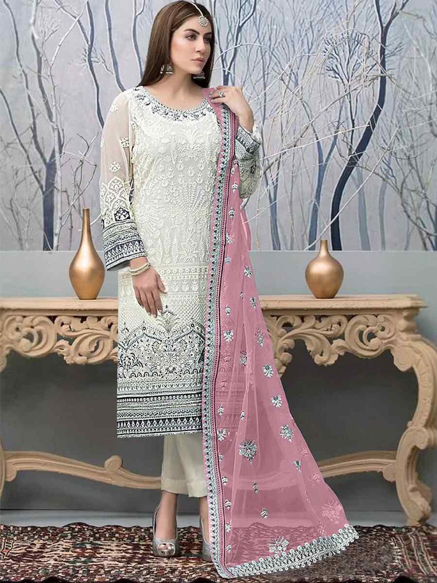 White Faux Georgette Embroidered Festival Wedding Pant Salwar Kameez