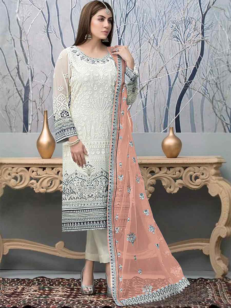 White Faux Georgette Embroidered Festival Wedding Pant Salwar Kameez