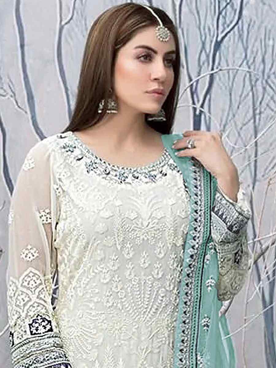 White Faux Georgette Embroidered Festival Wedding Pant Salwar Kameez