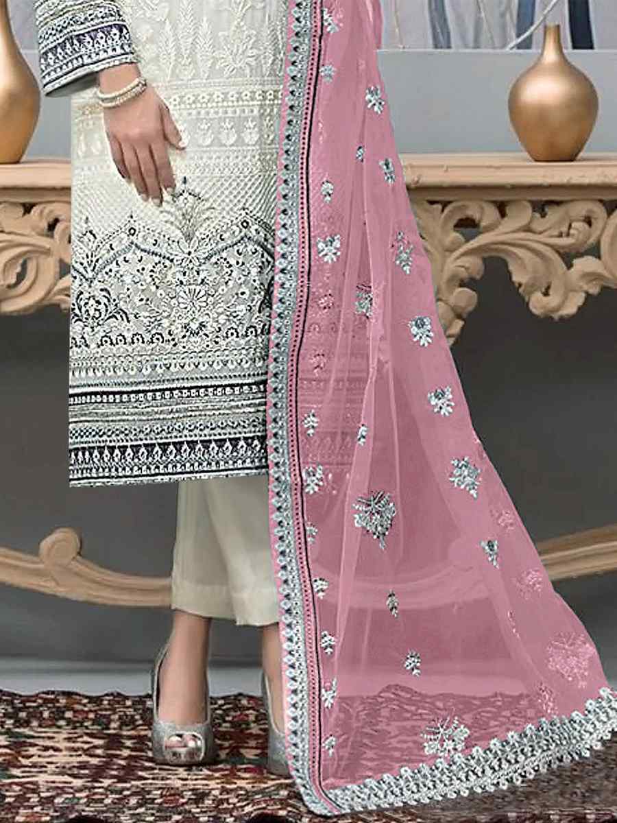 White Faux Georgette Embroidered Festival Wedding Pant Salwar Kameez
