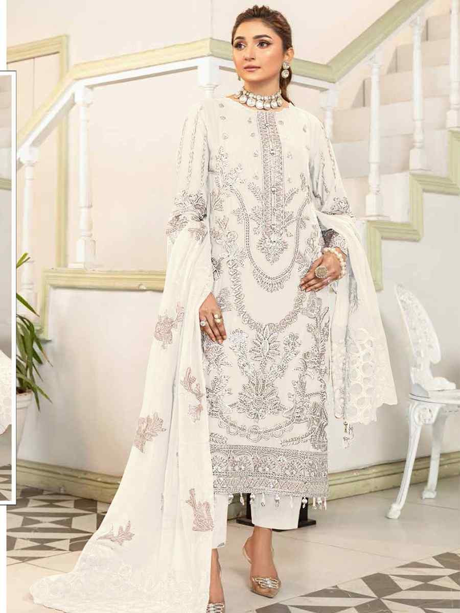 White Faux Georgette Embroidered Festival Wedding Pant Salwar Kameez