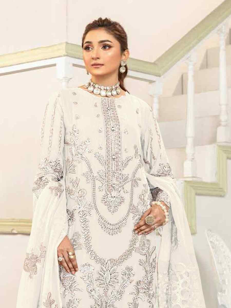 White Faux Georgette Embroidered Festival Wedding Pant Salwar Kameez