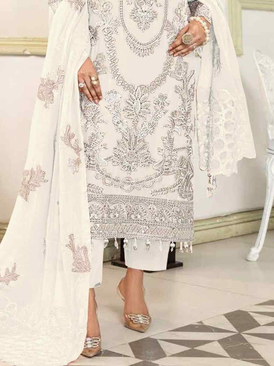 White Faux Georgette Embroidered Festival Wedding Pant Salwar Kameez