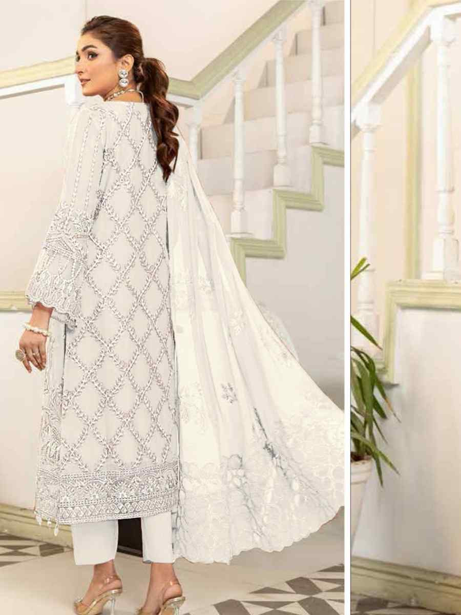 White Faux Georgette Embroidered Festival Wedding Pant Salwar Kameez