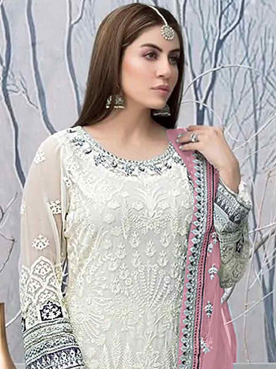 White Faux Georgette Embroidered Festival Wedding Pant Salwar Kameez