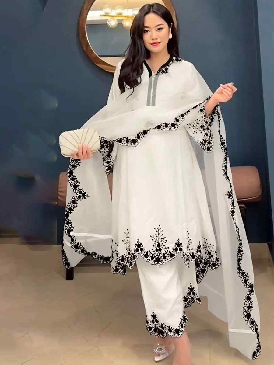 White Faux Georgette Embroidered Party Casual Ready Palazzo Pant Salwar Kameez