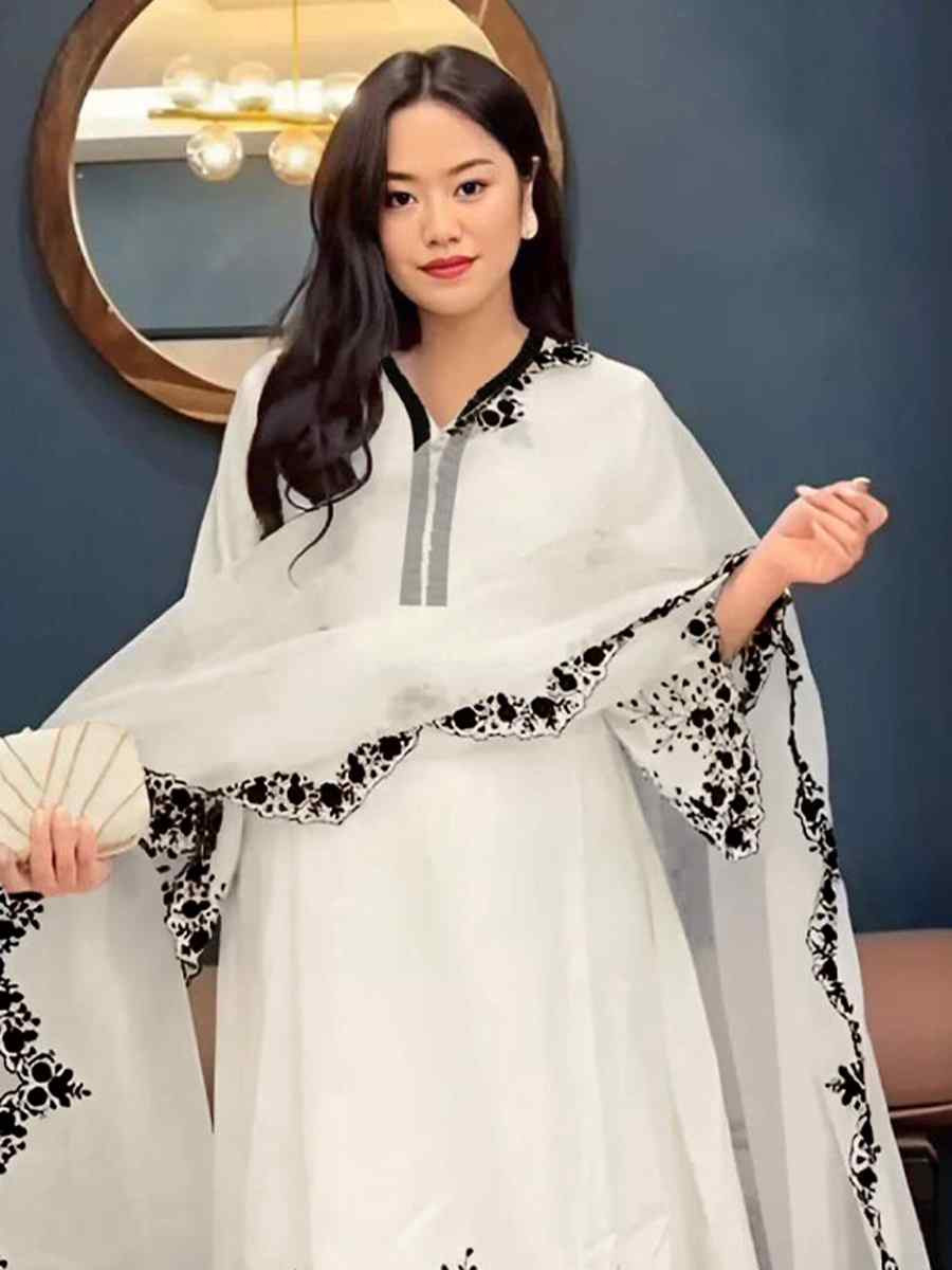 White Faux Georgette Embroidered Party Casual Ready Palazzo Pant Salwar Kameez