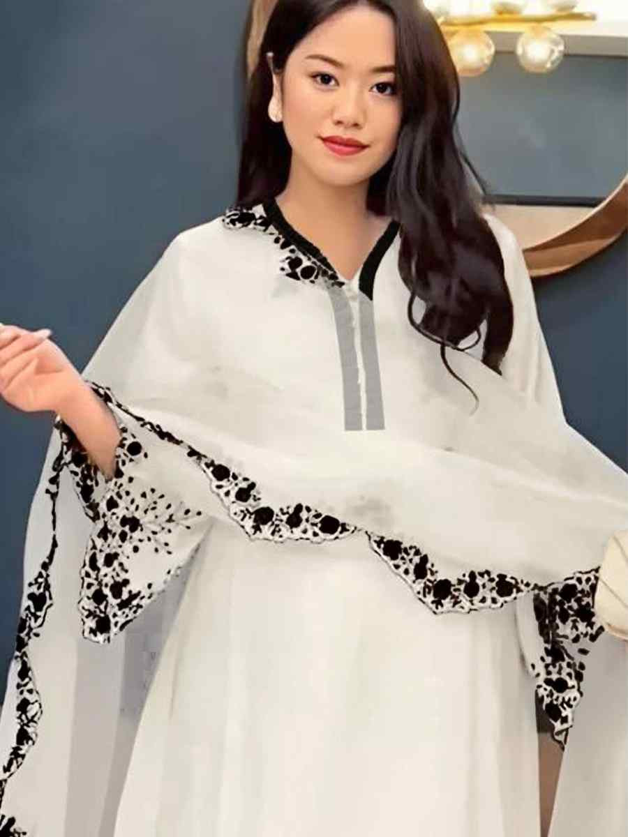 White Faux Georgette Embroidered Party Casual Ready Palazzo Pant Salwar Kameez