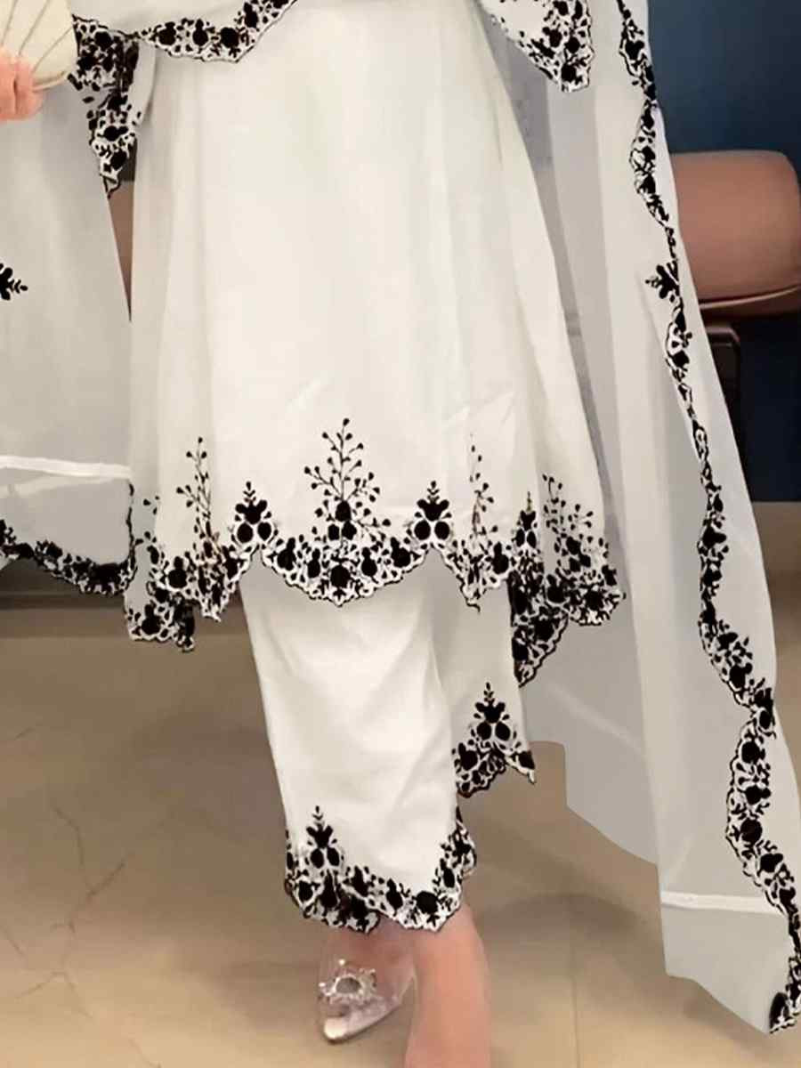 White Faux Georgette Embroidered Party Casual Ready Palazzo Pant Salwar Kameez