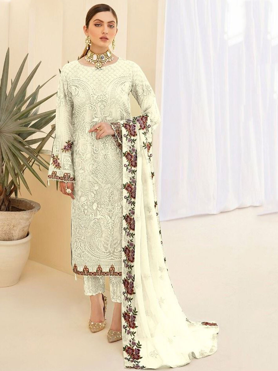 White Faux Georgette Embroidered Party Pant Kameez