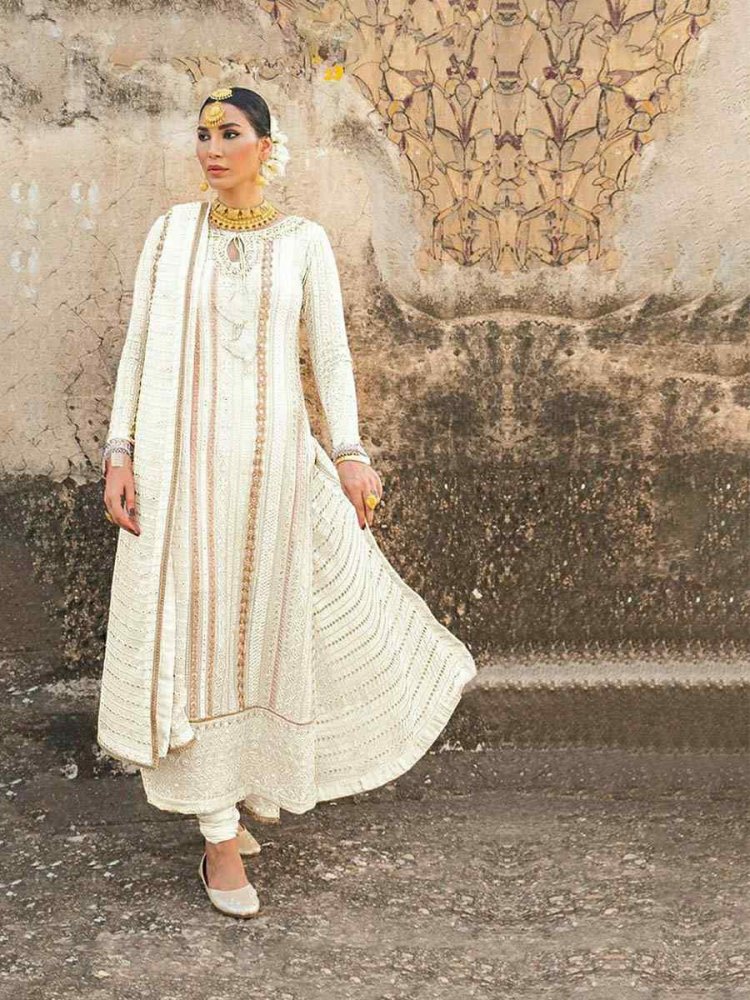 White Faux Georgette Embroidered Stone Mehendi Festival Churidar Salwar Kameez