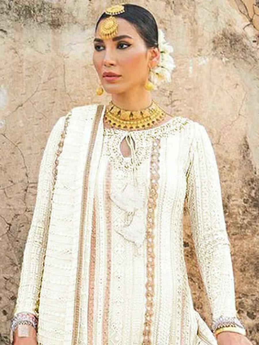 White Faux Georgette Embroidered Stone Mehendi Festival Churidar Salwar Kameez