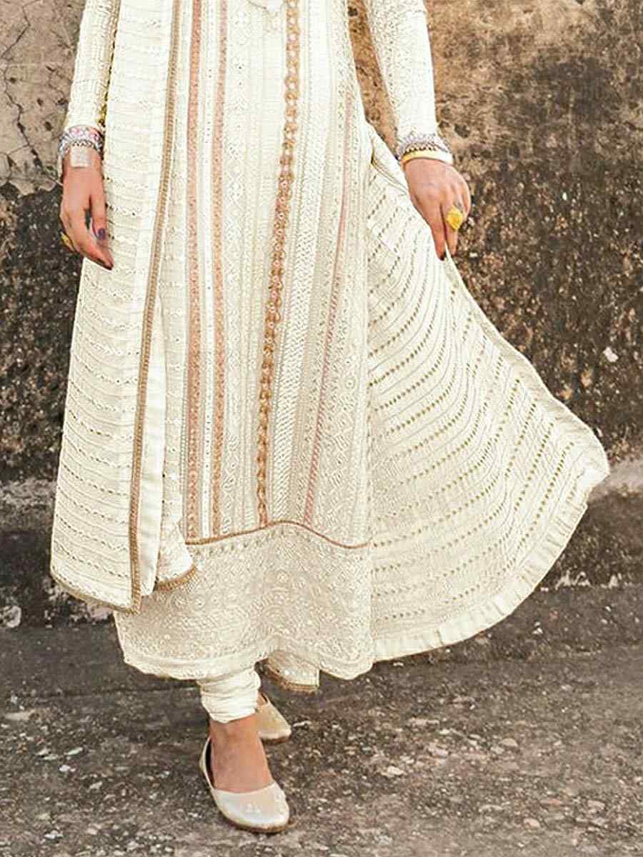 White Faux Georgette Embroidered Stone Mehendi Festival Churidar Salwar Kameez