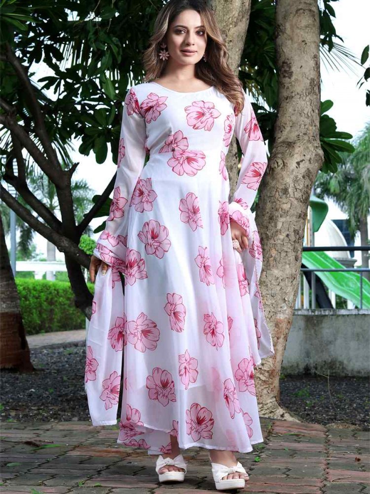 White Faux Georgette Printed Festival Casual Gown