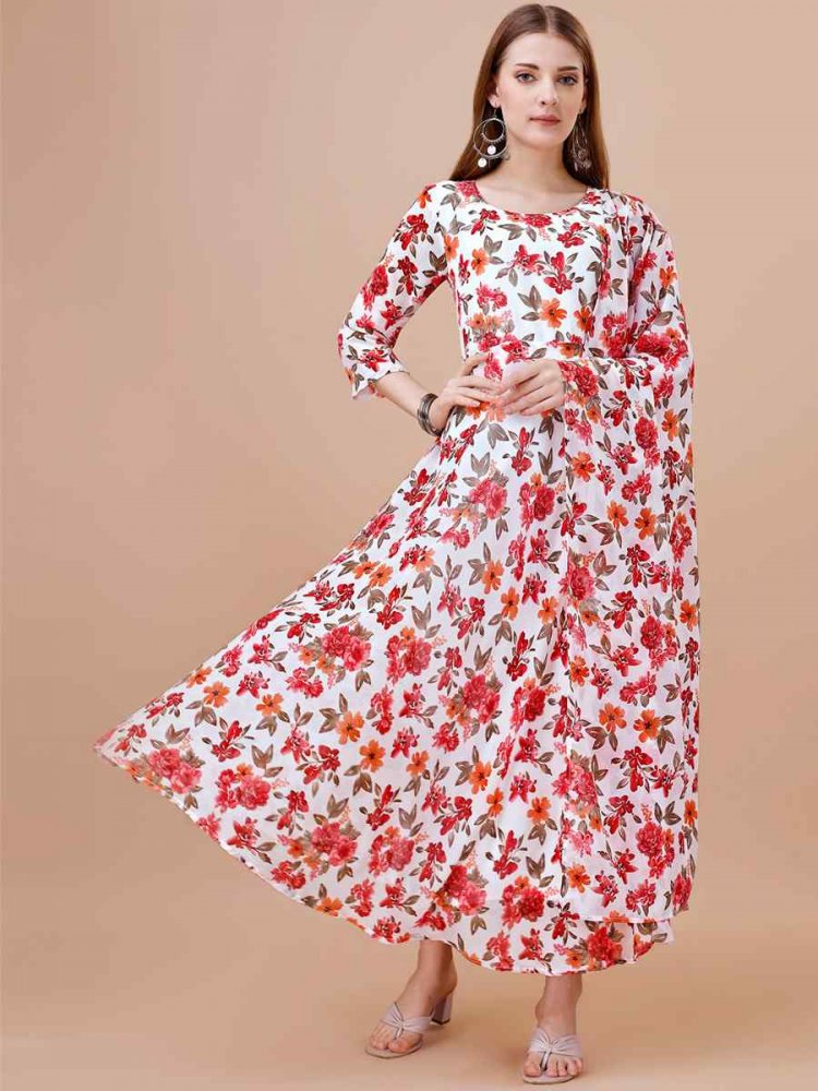White Faux Georgette Printed Festival Party Gown
