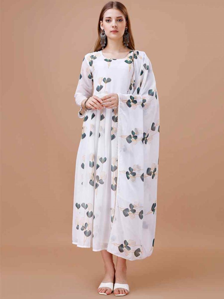 White Faux Georgette Printed Festival Party Gown