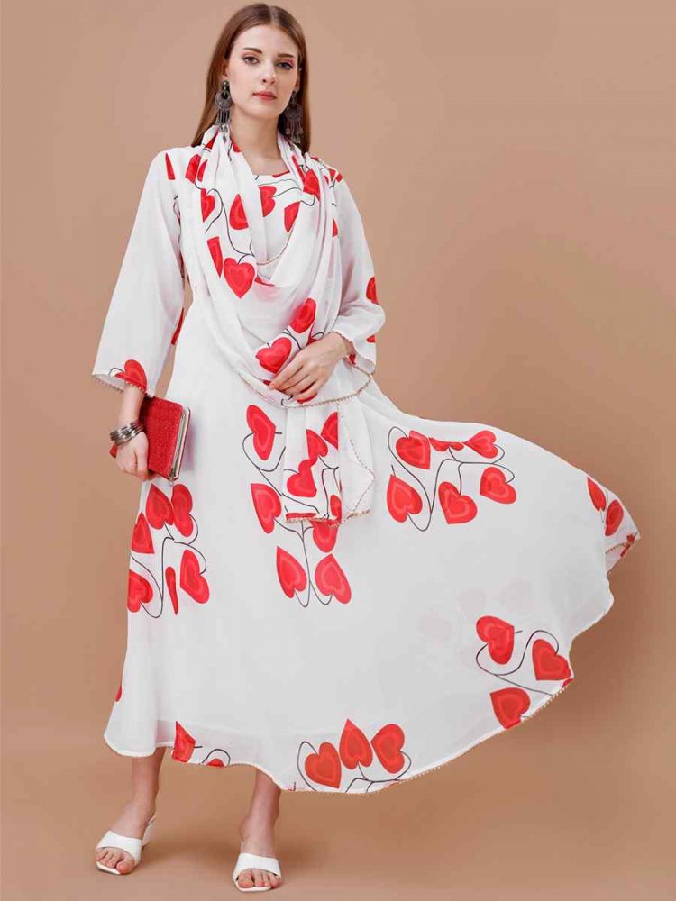 White Faux Georgette Printed Festival Party Gown