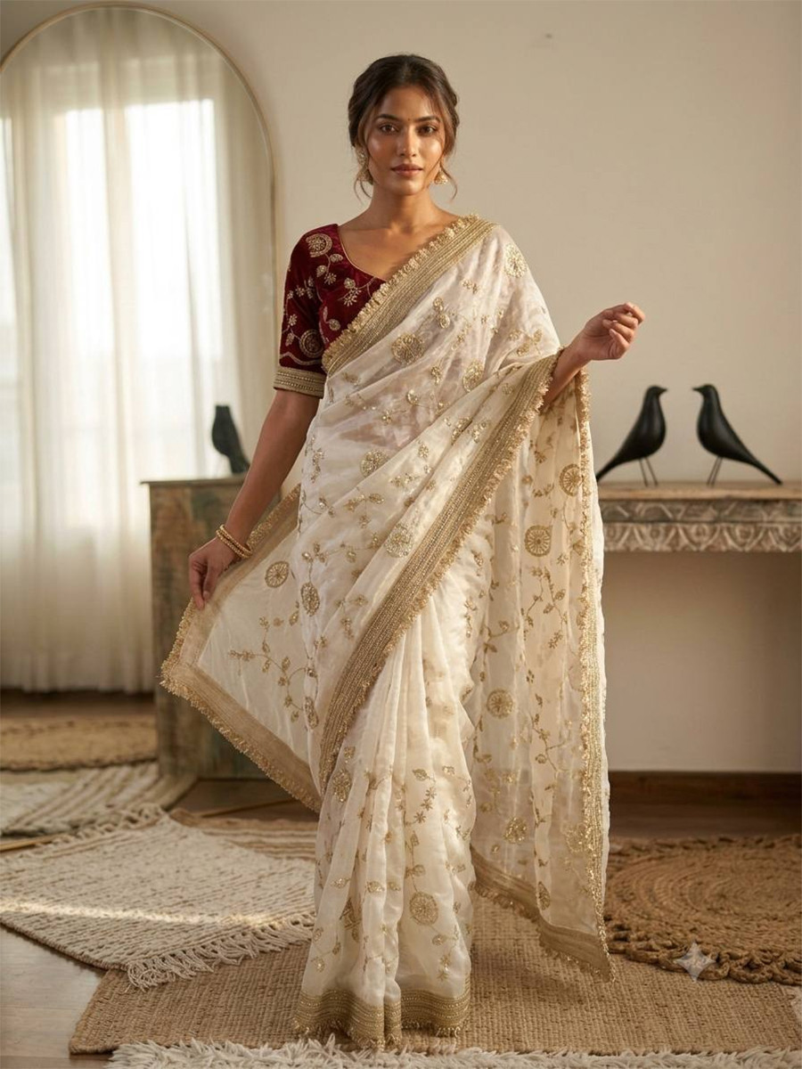 White Fendy Satin Silk Embroidery Wedding Reception Party Festival Casual Heavy Border Sarees
