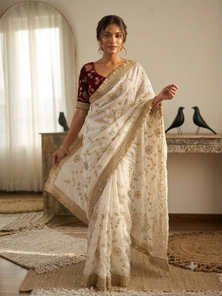 Image of White Fendy Satin Silk Embroidery Wedding Reception Party Festival Casual Heavy Border Sarees
