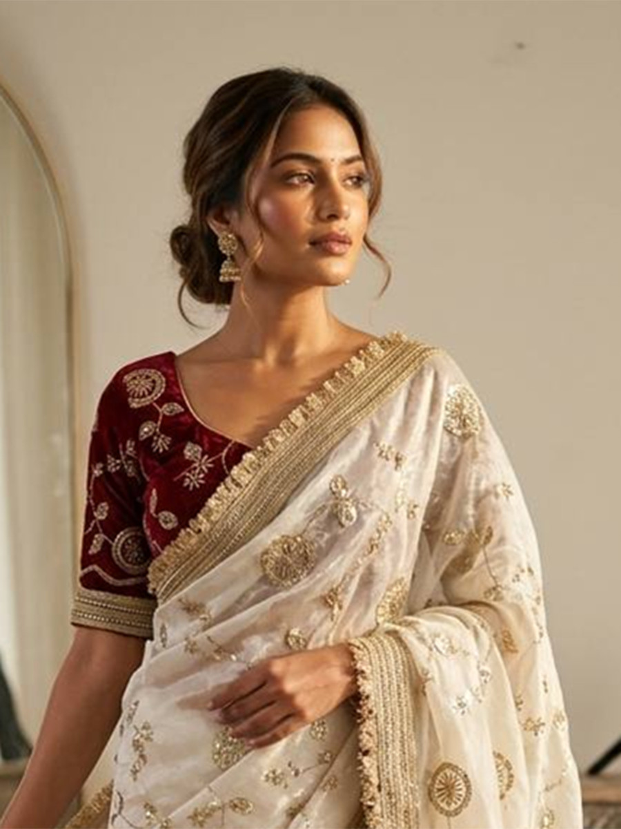 White Fendy Satin Silk Embroidery Wedding Reception Party Festival Casual Heavy Border Sarees