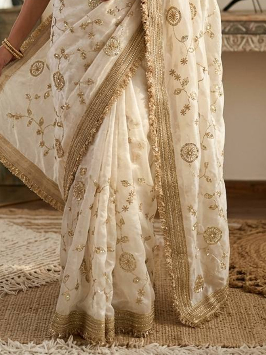 White Fendy Satin Silk Embroidery Wedding Reception Party Festival Casual Heavy Border Sarees
