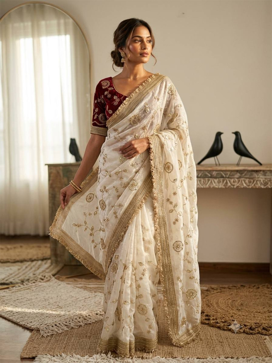 White Fendy Satin Silk Embroidery Wedding Reception Party Festival Casual Heavy Border Sarees