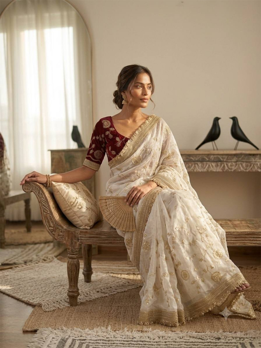 White Fendy Satin Silk Embroidery Wedding Reception Party Festival Casual Heavy Border Sarees