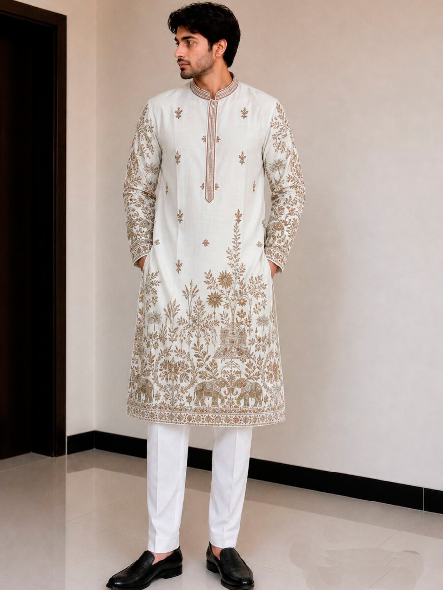 White Fendy Silk Embroidery Sequence Wedding Party Festival Casual Mens Wear Kurta