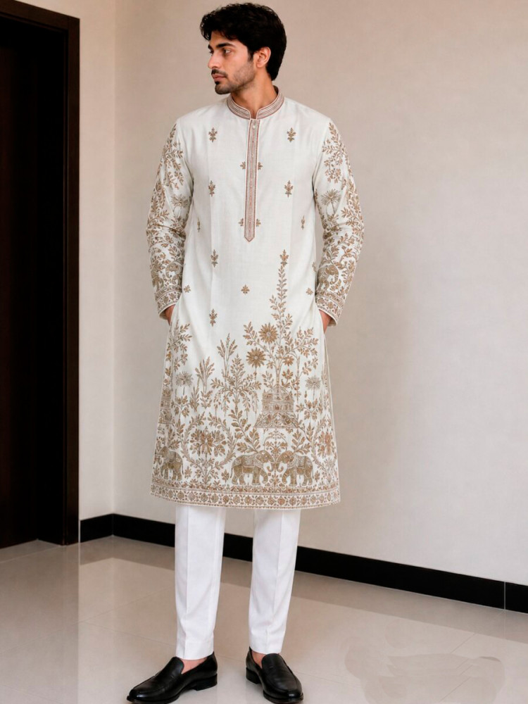 Image of White Fendy Silk Embroidery Sequence Wedding Party Festival Casual Mens Wear Kurta