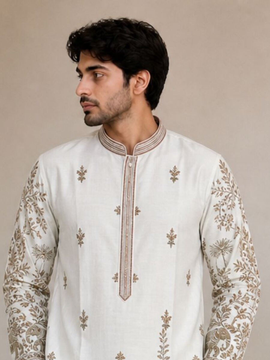 White Fendy Silk Embroidery Sequence Wedding Party Festival Casual Mens Wear Kurta