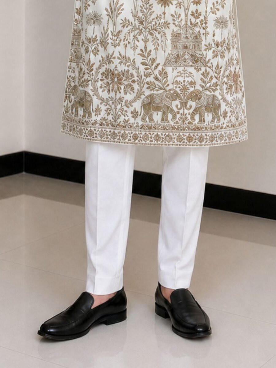 White Fendy Silk Embroidery Sequence Wedding Party Festival Casual Mens Wear Kurta