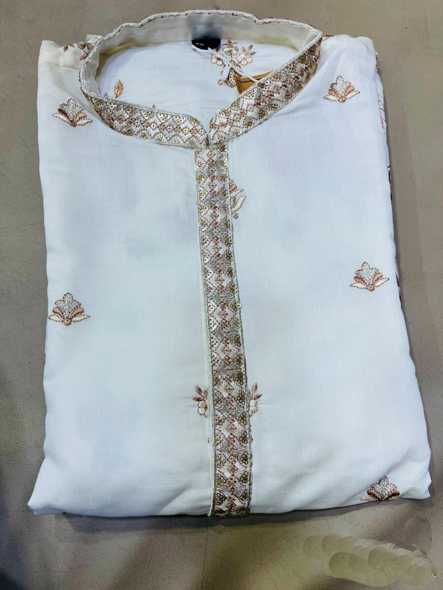 White Fendy Silk Embroidery Sequence Wedding Party Festival Casual Mens Wear Kurta