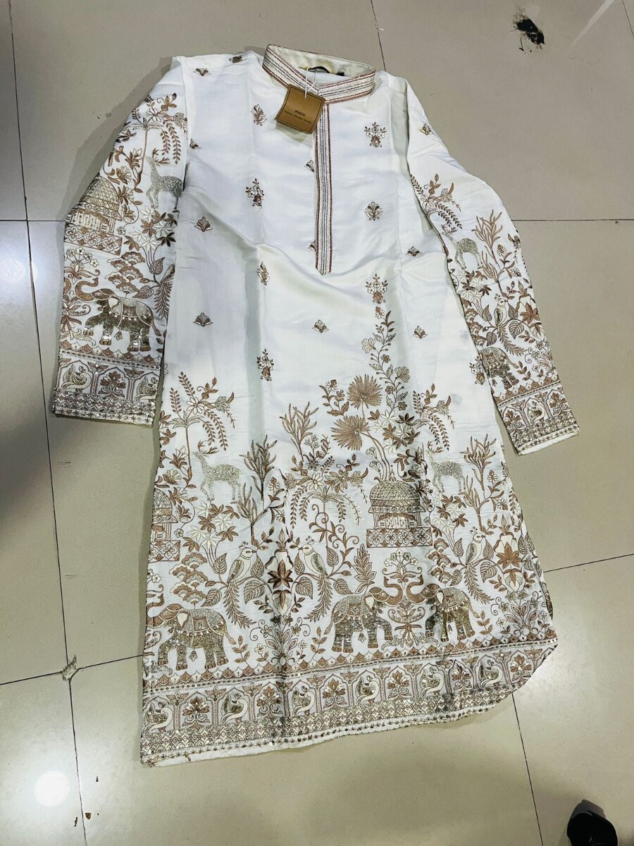White Fendy Silk Embroidery Sequence Wedding Party Festival Casual Mens Wear Kurta